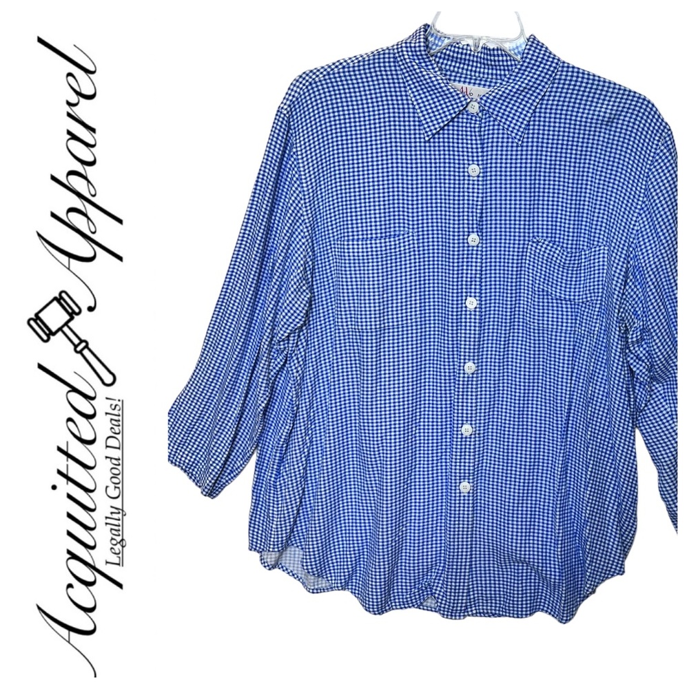 AV Adrienne Vittadini Options Blue Plaid Button Down Top Blouse